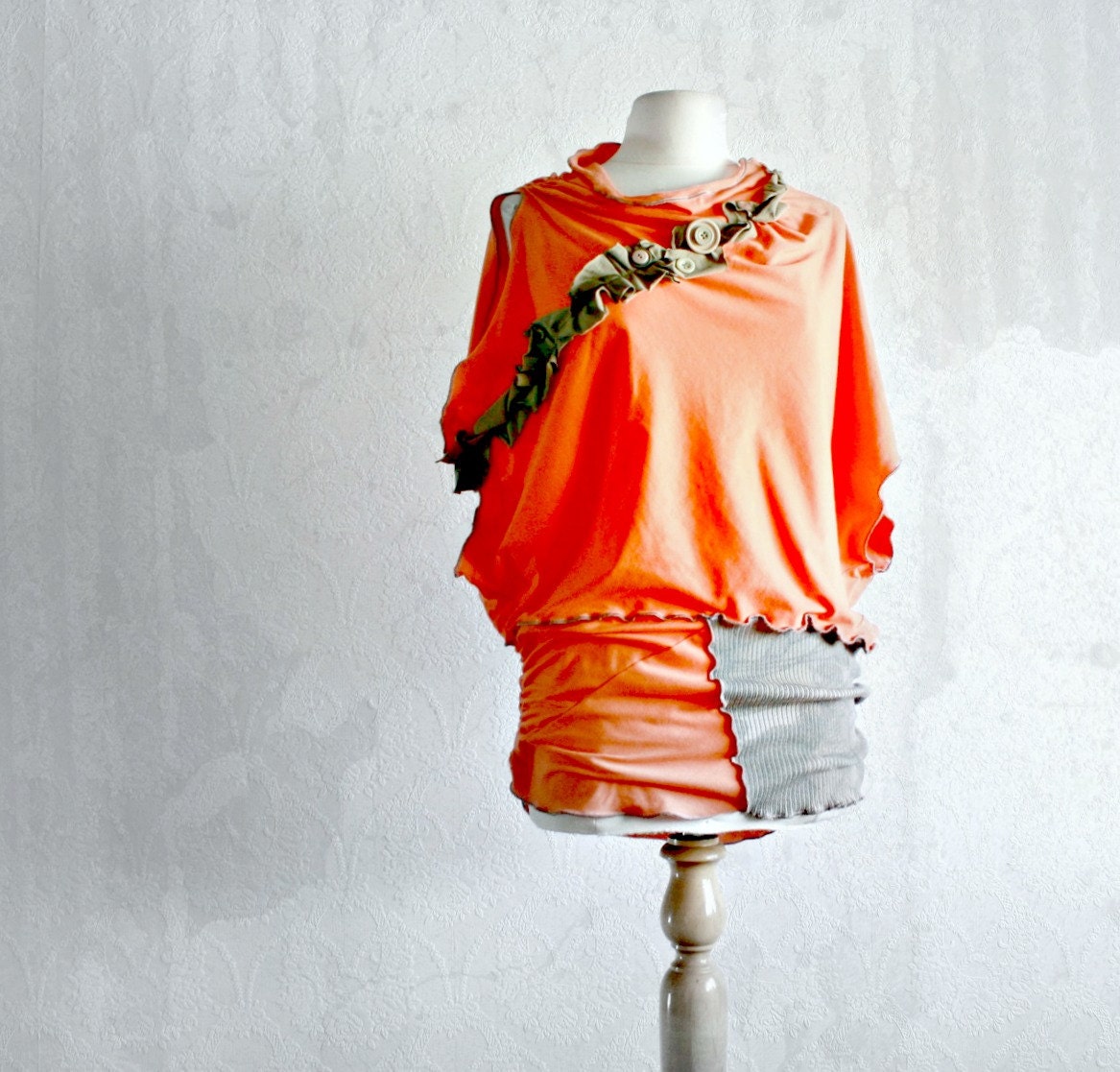 Orange Tunic Wearable Art Eco Clothing Taupe Brown Cowl Neck Shirt Boho CHic Clothes Mod Modern Women's Upcycled Top Large XL 'RIZZ'