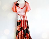 Hippie Maxi Dress Retro Clothing Flower Child Bohemian Clothes Peach Coral Upcycled Dress 1970's Prom Style Festival Dress Medium 'BREA'
