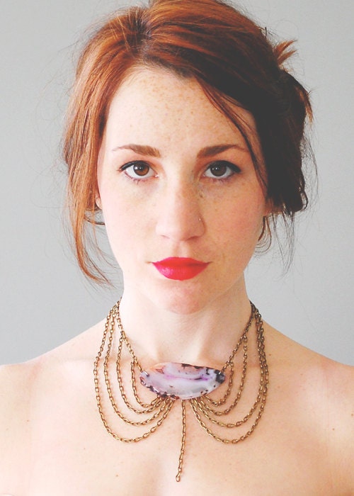 Samara Collar Necklace - Agate Slice Geometric Chainmaille Chain Peter Pan Collar Necklace- by Bark Decor