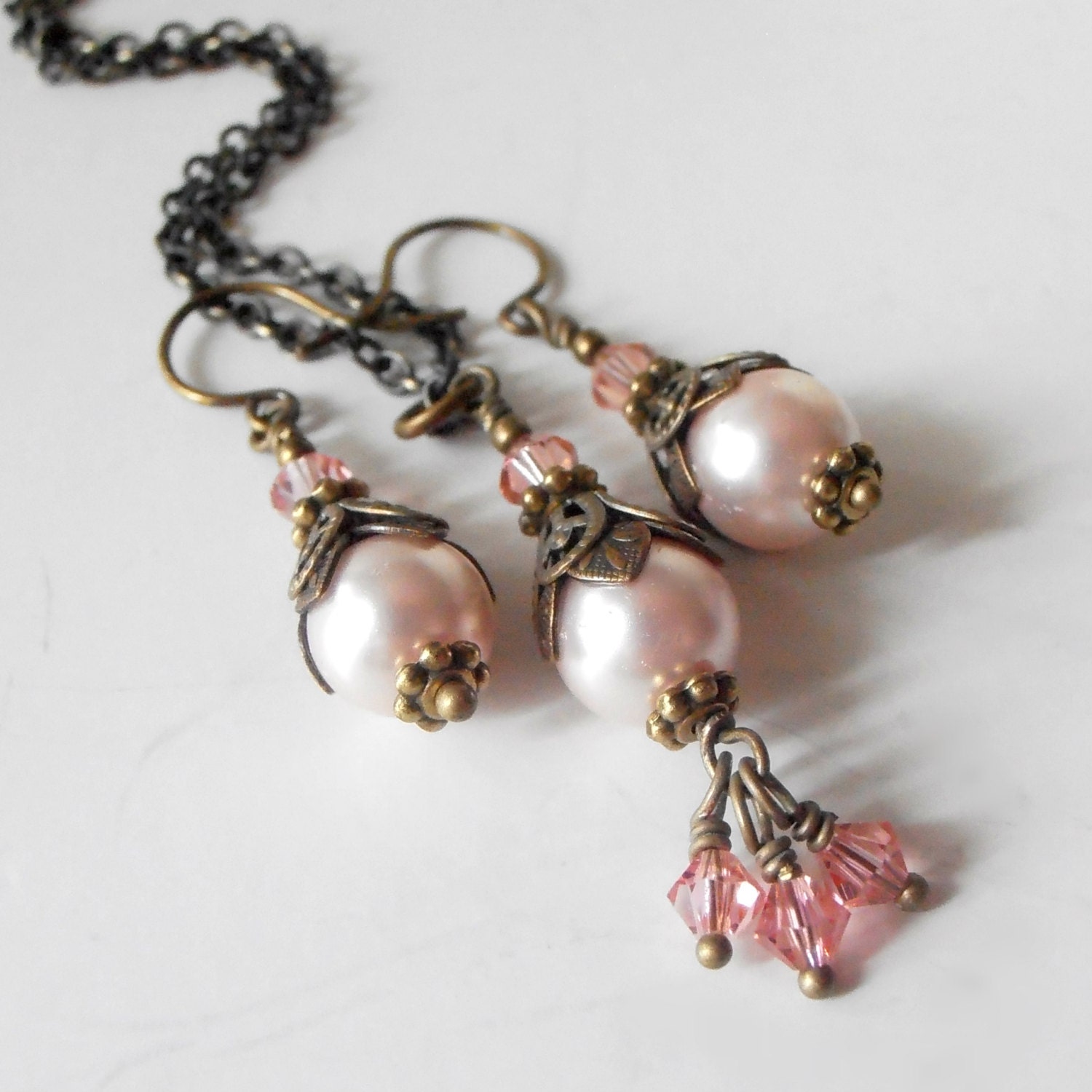 Flower Girl Jewelry Sets Blush Pink Pearl Necklace and Earrings Vintage Style Antiqued Bronze Pearl and Crystal Jewelry Pale Pink