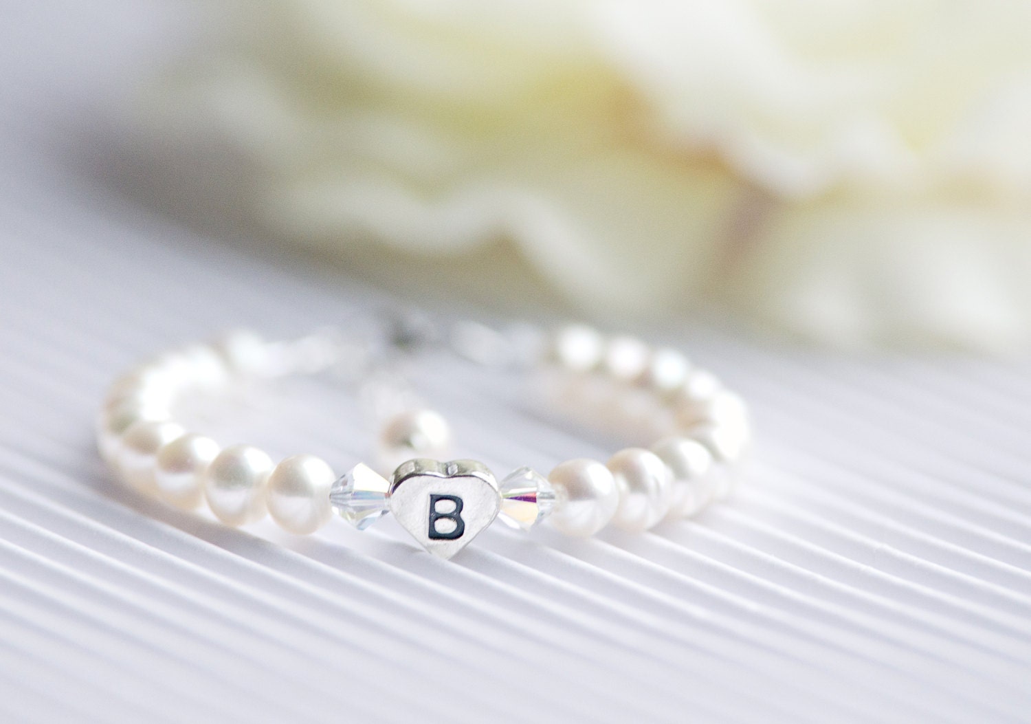 Flower girl, baptism, christening, communion white pearl heart monogram bracelet