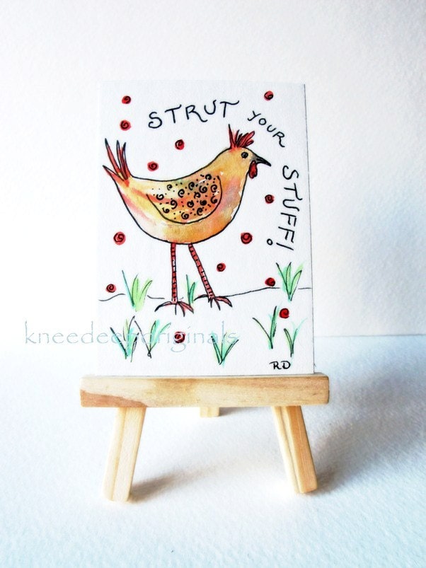 Funky Chicken painting ACEO mini art card watercolor with easel shelf decor gift under 20