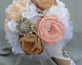 Large vintage fabric bouquet - Pink, tan and champagne flowers with white lace - loaded with crystals and brooches