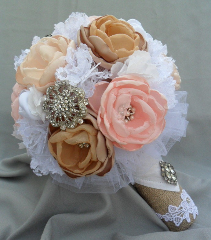Large vintage fabric bouquet - Pink, tan and champagne flowers with white lace - loaded with crystals and brooches