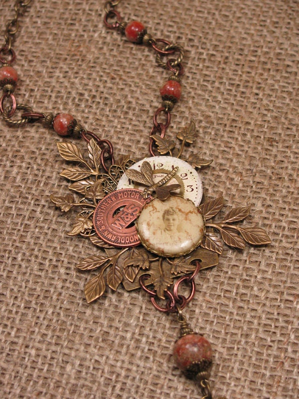 Upcycled Jewelry - Mixed Media Assemblage - Steampunk Inspired - Brass/Copper Leaf Motifs - Transit Token, Pinback and Old Watchface
