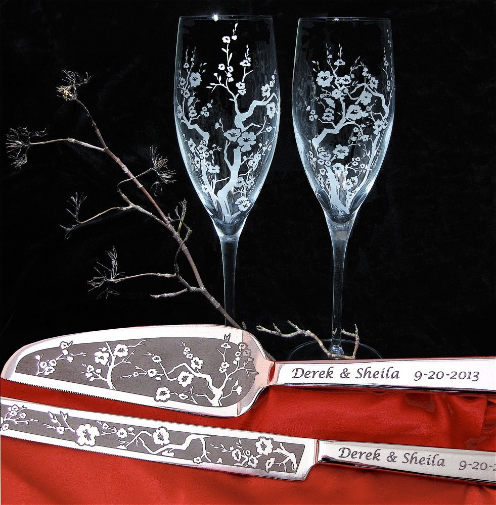 Personalized Cherry Blossom Wedding Cake Server, Knife, Toasting Flutes