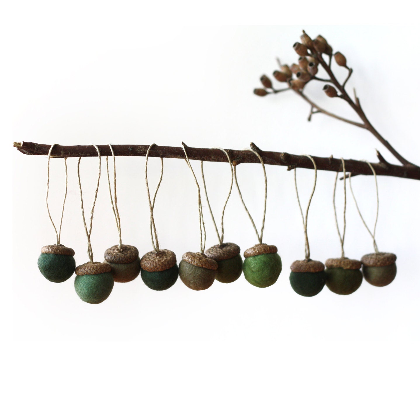 Felted Acorns Ornaments  - set of 10 in pine greens