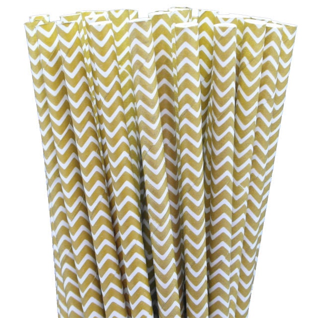 25 Gold Chevron Stripe Paper Straws