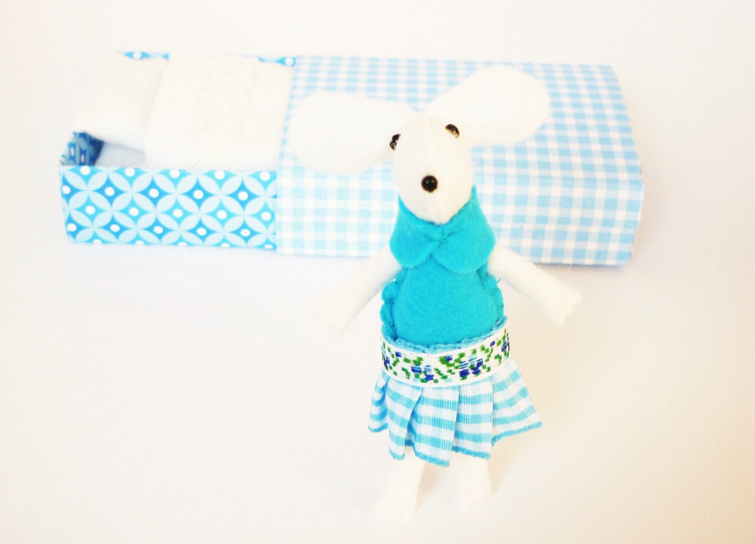 Felt mouse plush white blue miniature gingham in match box bed