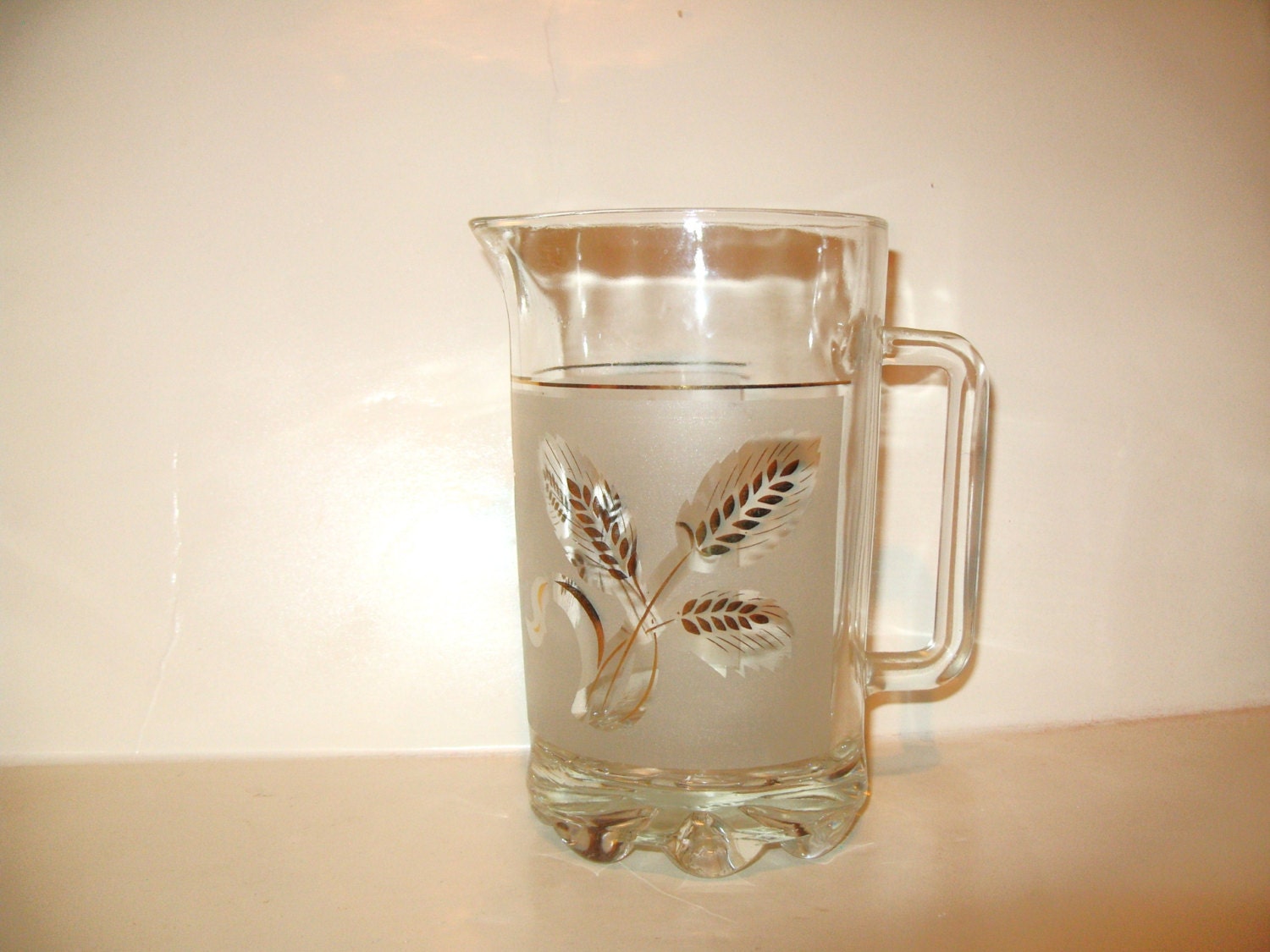 Italian Glass Pitcher DeCover Square Handle 1960's Mad Man Martini Cocktail Bar Drink  Pitcher Frosted Gold Wheat & Leaf