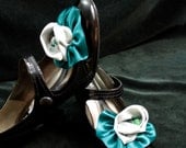 Satin Rose Shoe Clips -Slytherin inspired Shiny slate gray/ teal green satin ribbon rose with wire and bead centers shoe accessories formals