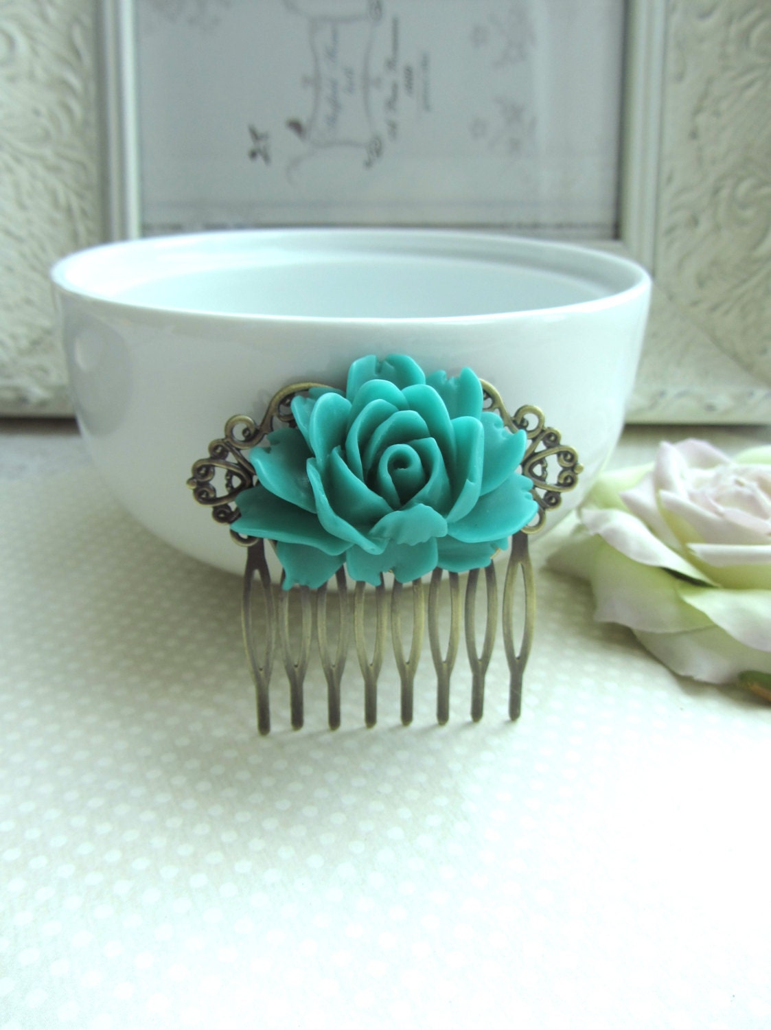 A Large Turquoise Blue Rose Flower Art Nouveau Antiqued Brass Filigree Hair Comb. Blue Wedding. Statement Comb. Bridesmaids Hair Accessory.