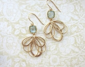 A Gold Plated Leaf Feather Dangle, Aqua Blue Glass Framed Jewel Dangle Earrings. Wedding Jewelry. Drop Earrings, Bridesmaid Earrings.