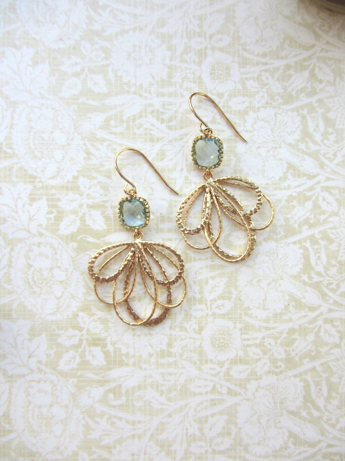 A Gold Plated Leaf Feather Dangle, Aqua Blue Glass Framed Jewel Dangle Earrings. Wedding Jewelry. Drop Earrings, Bridesmaid Earrings.