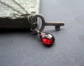 Oxidized Sterling Silver Garnet Briolette Skeleton Key Necklace - Oxidized Sterling Silver Skeleton Key Necklace - Skeleton Key Necklace