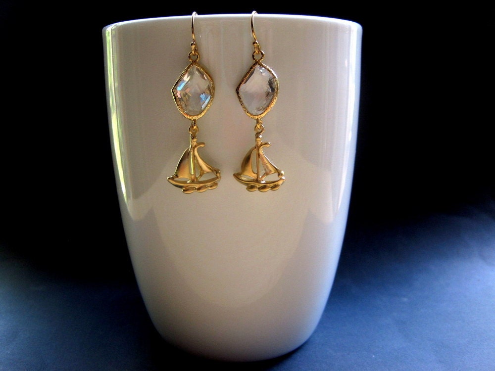 Matte Gold Crystal Clear Glass Sailboat Earrings - Gold Sailboat Earrings - Crystal Sailboat Earrings - Nautical Earrings