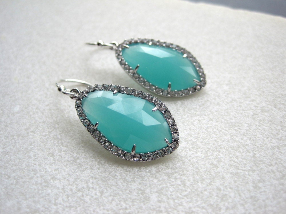 Turquoise Earrings - Stering Silver Aqua Blue Glass Rhinestone Earrings - Glass Stone Earrings - Beach Earrings - Summer Jewelry