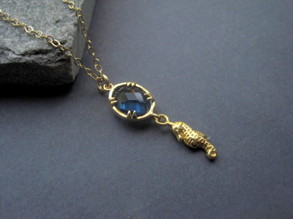 Gold Necklace - Gold Seahorse Necklace - Gold Blue Glass Seahorse Necklace - Nautical Necklace -