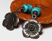 Handmade Beaded Jewelry Earrings Flower Turquoise Gemstone Charm Antique Copper Lightweight Floral Dangle Southwest...Cactus Flower