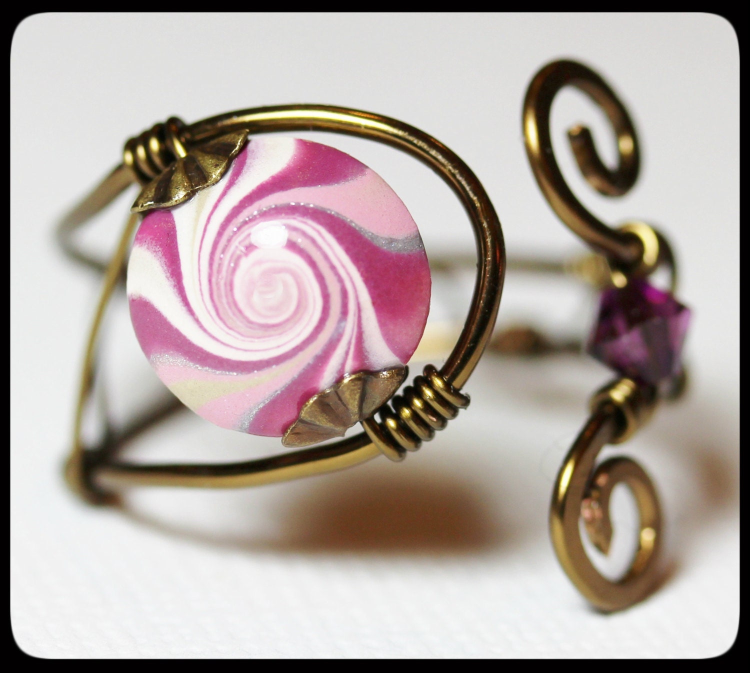 Handmade Jewelry Ring Beaded Wirework Wire Wrapped Plum Pink Antique Brass Polymer Clay Swirl Freeform Adjustable Size 8-9-10...Plum Spice