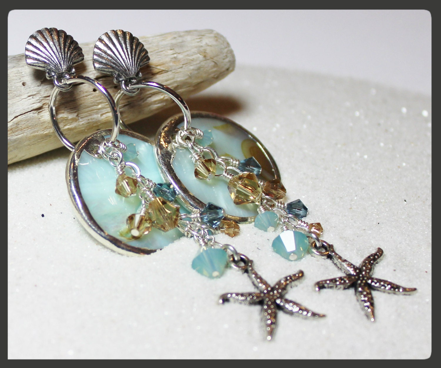 Handmade Jewelry Earrings Beaded Starfish Seashell Beach Silver Teal Aqua Blue Crystal Post Dangle Lightweight Long...  Tide Pool