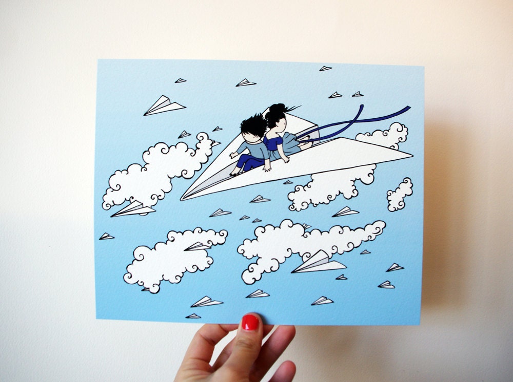 Paper Plane 8x10 Print - kids riding a paper airplane