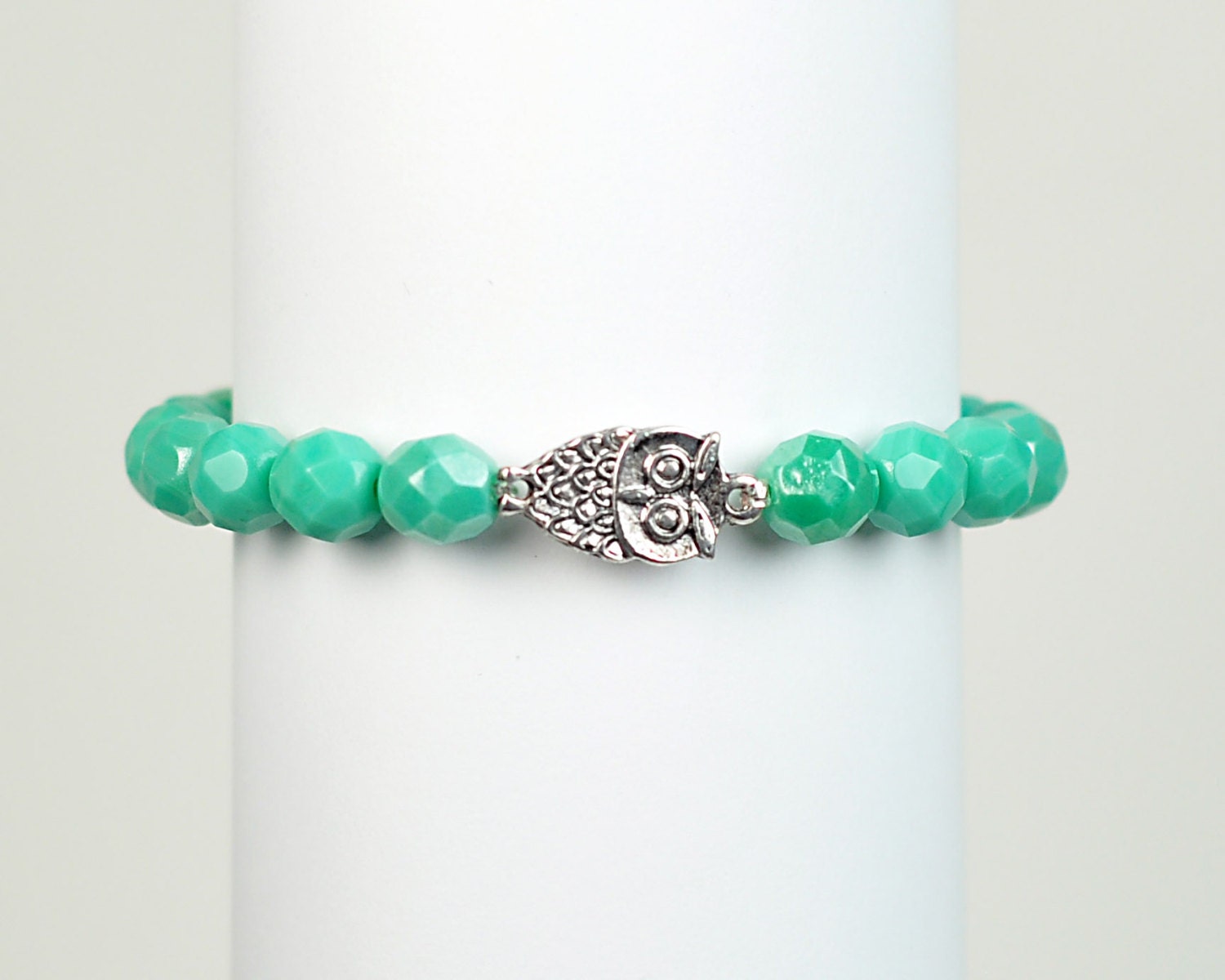 Owl Bracelet -  Blue Green Bead Stretchy Bracelet