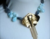 Stingray in the ocean - One of a kind statement necklace in bronze, peruvian opal and blue kynite