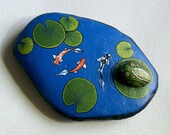 Koi Pond, frog, rock garden art, puddle pond, outdoor garden, Dads garden, cobalt blue, water feature, gift for gardener, hand painted rock