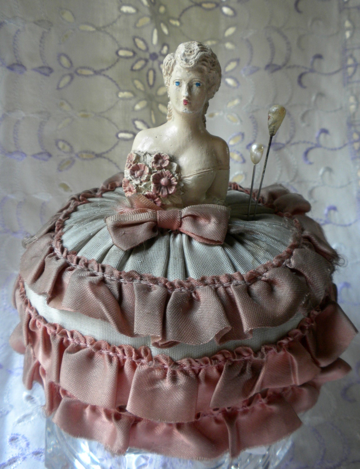 antique pin cushion, chalkware half doll, collectible doll pin cushion