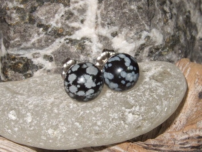 Snowflake Obsidian 8mm Stud Earrings Earings Titanium Post and Clutch Hypo Allergenic Black Grey Lava