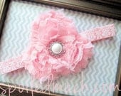 Vintage Baby Pink Rhinestone Shabby Flower Damask  Elastic Headband