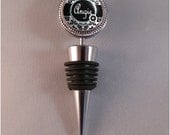 Black and White Damask Wine Stopper with Silver Beaded Edge - Personalized Name - Gift for Wedding, Anniversary - Custom Colors Available