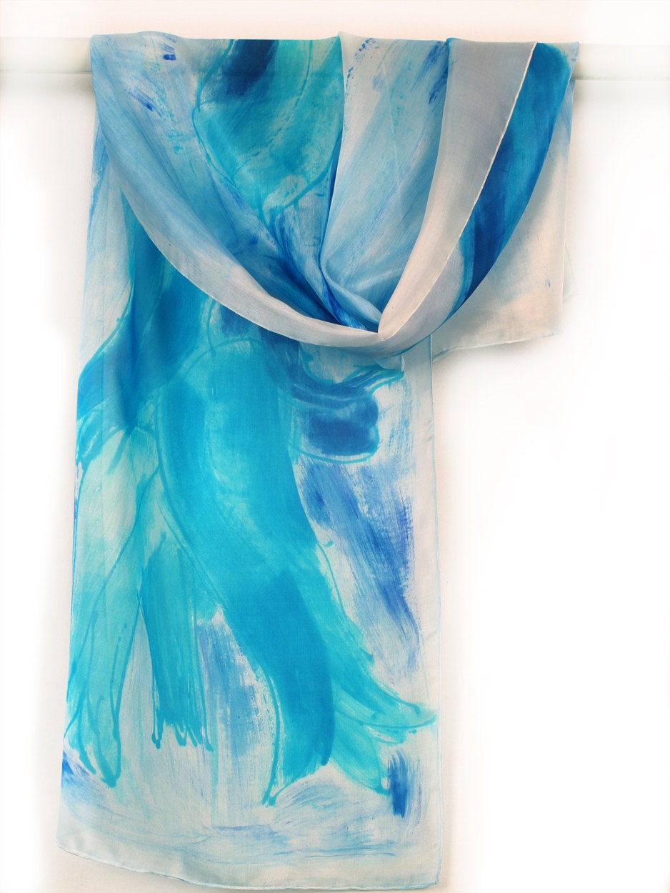 Aqua silk scarf. Hand painted floral scarf. Abstract, ocean colored scarf. Summer silk scarf. Painting on silk by Dimo