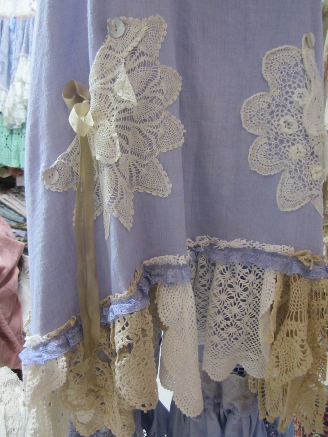 Vintage Kitty..grungy hand dyed lilac muslin tunic dress. doilies, lace, roses.. MOTHER of PEARL buttons.shabby chic..crochet..Med/XL