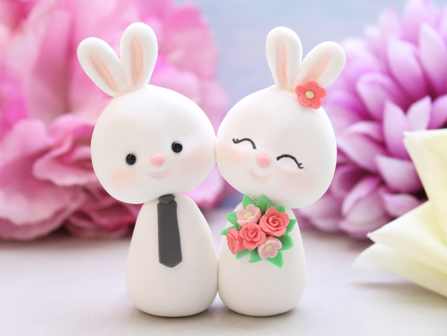 Custom Bunny wedding cake toppers - bride and groom personalized