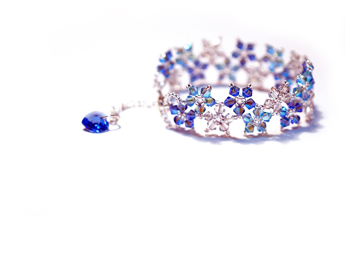 Blue Shades Blossom, Beaded, Swarovski Crystal, Necklace, Earring, Bracelet Set, Flower, Handmade, Spring, summer wear - JewelrybyFlorist
