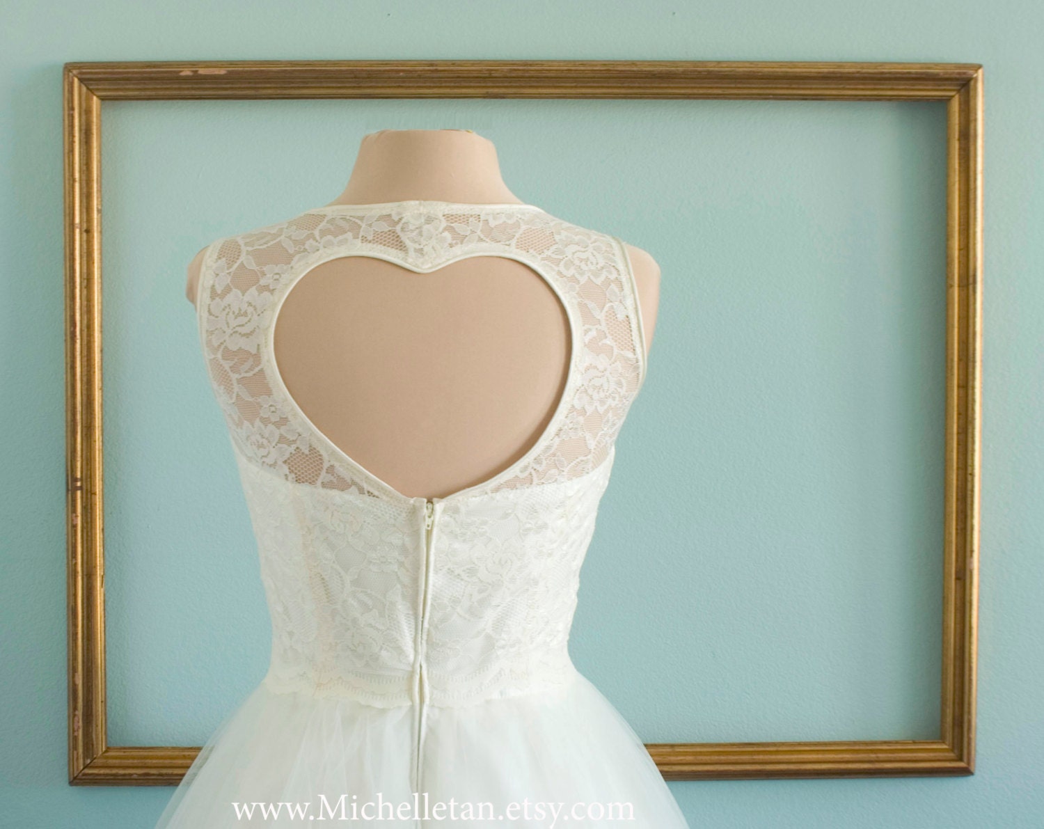 Ivory tulle wedding dress lace bodice and tulle skirt, heart cutout back - Other COLORS Available - AMANDA style