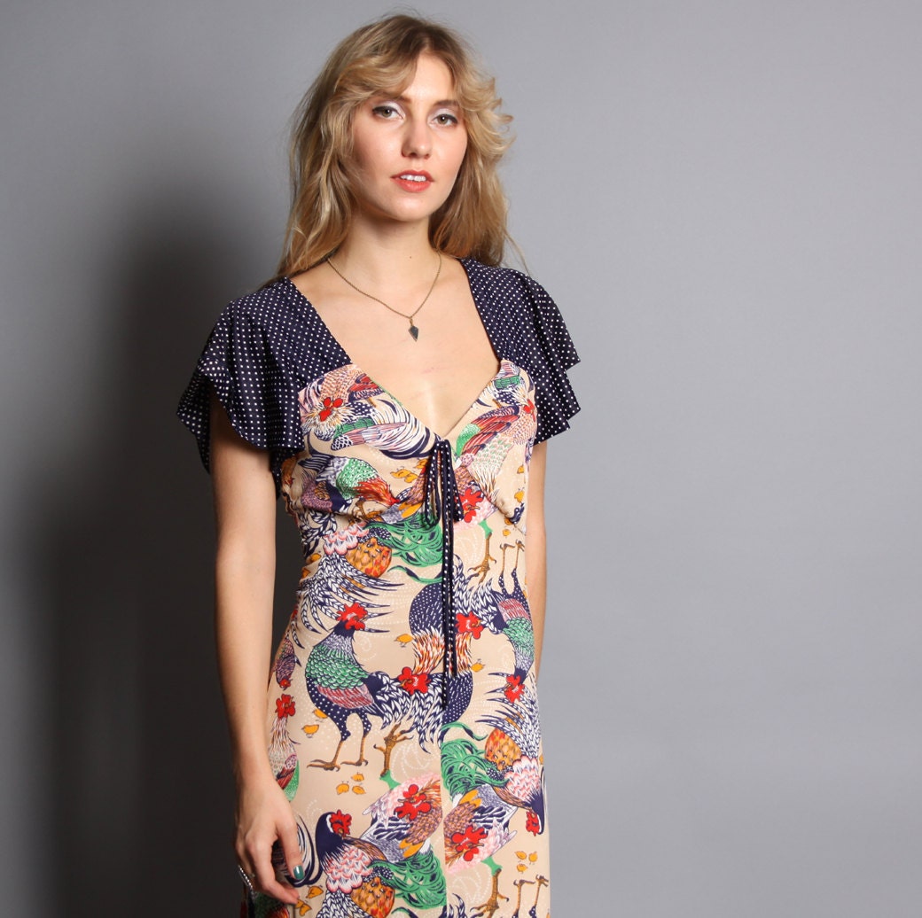 70s ROOSTER Print MAXI / Flutter Sleeve Slinky Novelty DRESS, xs