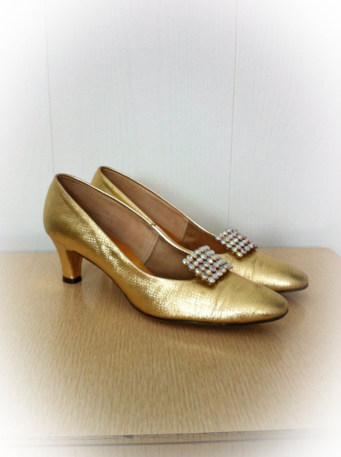 Vintage 1970s Shoes Gold Miss Wonderful High Heels with Rhinestone ...