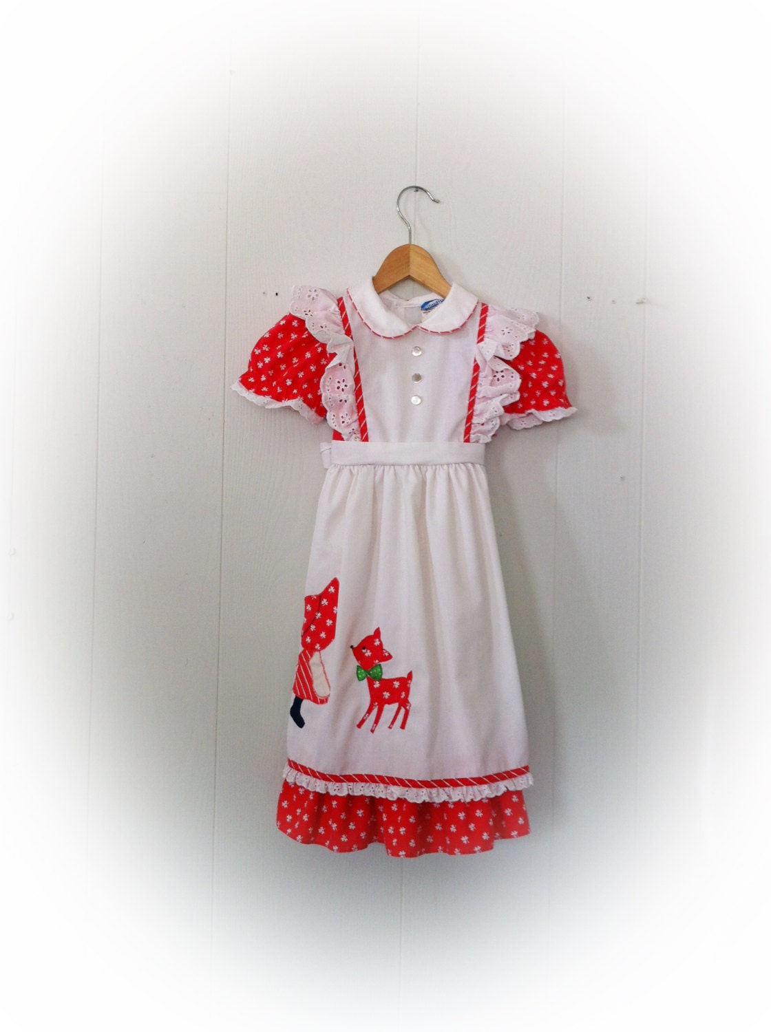Vintage 1970s Nannette Dress for Toddler  Red flowers with Deer Cat and Little Girl Detail