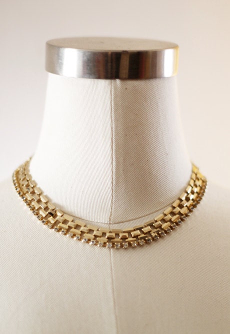 1950s Gold Link Rhinestone Choker Necklace