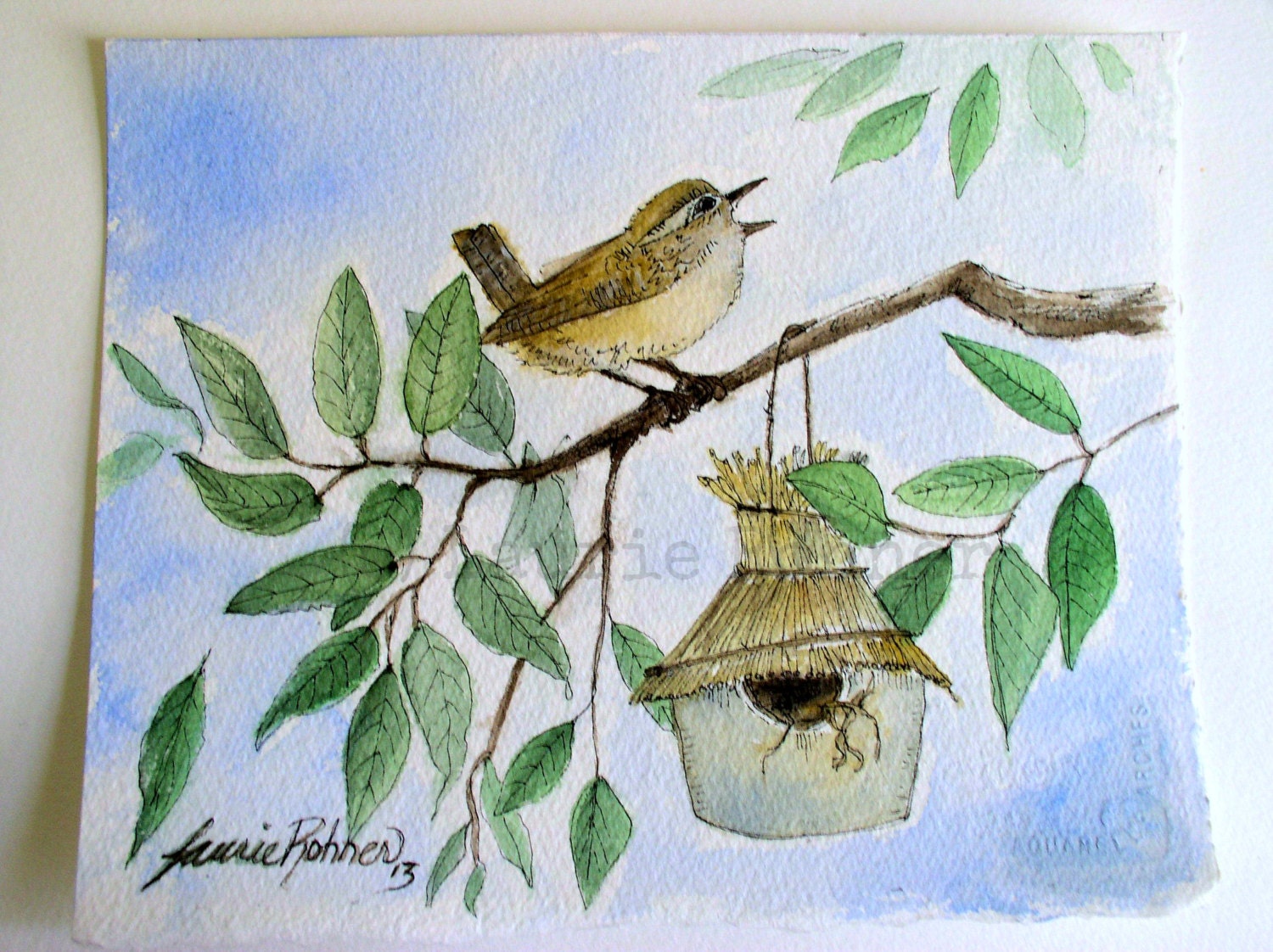Bird Nature Art Watercolor Woodland Birdhouse Original Painting by Laurie Rohner