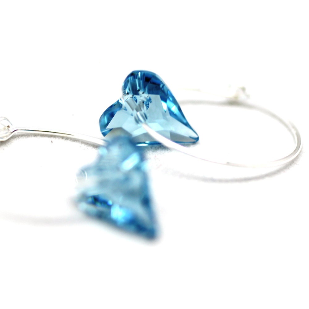 Earrings - Icy Saphire Blue Swarvoski Crystal Wild Hearts on silver hoops