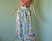 Rainbows & Animals Skirt- 1980's Midi / Maxi in White with Happy Drawings- Kangaroos AND Doves
