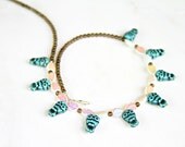 Turquoise Owl Necklace - Blue Owls with accenting Opal Shine Leaf Beads with Smoky Quartz Gems Woodland Nature by Mei Faith