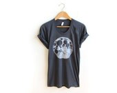 Full Moon - Hand Stenciled Scoop Neck Rolled Cuffs Tee in Asphalt Grey - S M L XL 2XL 3XL