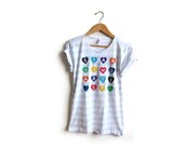 Starving Artist Hearts Hand STENCILED Deep Scoop Neck Pinned Rolled Cuffs Tee in Grey White Striped Multi Rainbow - S M L XL 2XL 3XL