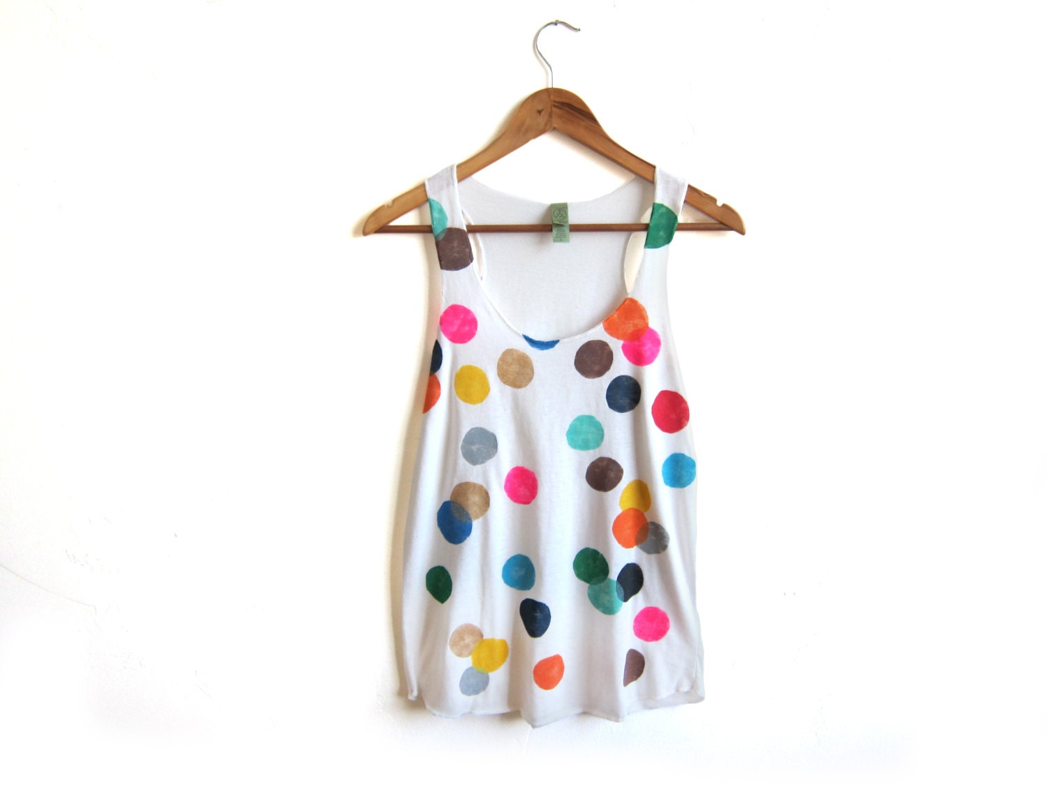 Colorful Confetti Racerback Hand Stenciled Slouchy Scoop Neck Swing Tank Top in Cream Multi Rainbow - S M L XL