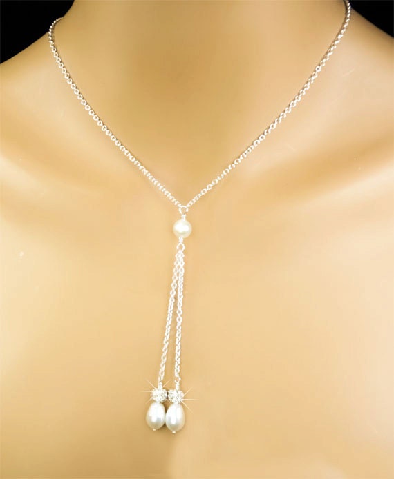 Bridal Necklace, White Swarovski Pearl, Swarovski Rhinestone Pavé Accents Y Necklace, Vintage Inspired Bridal Necklace- Janine WE0169